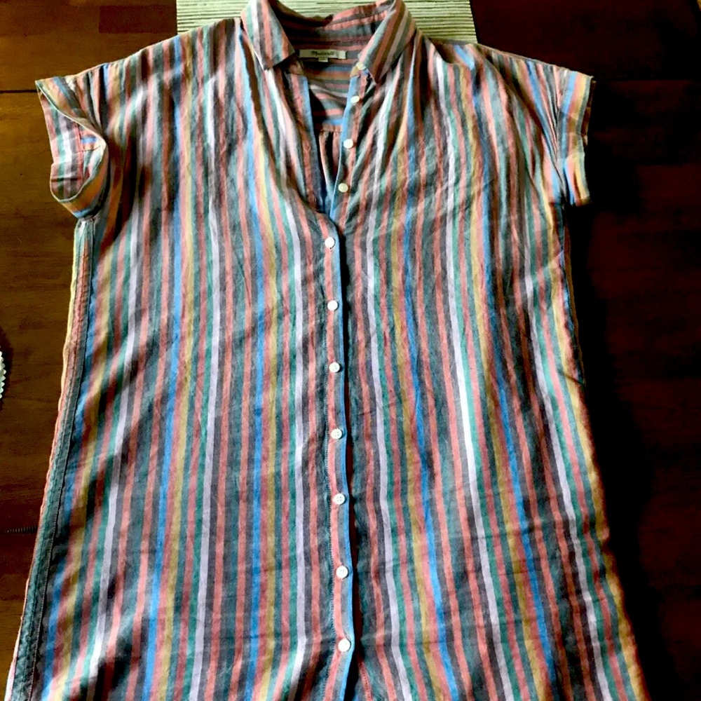 MADEWELL Pink Red Blue rainbow Striped Cotton Short Sleeve Shirt Dress S L3312